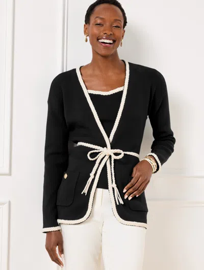 Talbots Petite - Braid Trim Sweater Jacket - Black/ivory - Medium  In Black,ivory