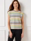 Talbots Plus Size - Button Shoulder Cap Sleeve T-shirt - Match Stripe - Oat/limeade - 3x