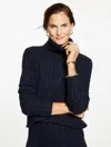 Talbots Plus Size - Cable Knit Turtleneck Sweater - Metallic - Blue - 1x  In Blue