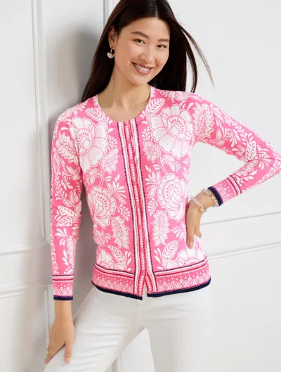 Talbots Charming Cardigan Sweater - Woodblock Floral - Aurora Pink/white - Xl  In Aurora Pink,white