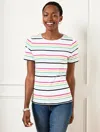 Talbots Plus Petite - Crewneck T-shirt - Magnolia Stripe - White/pink - 3x - 100% Cotton  In White,pink