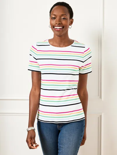 Talbots Plus Petite - Crewneck T-shirt - Magnolia Stripe - White/pink - 3x - 100% Cotton  In White,pink
