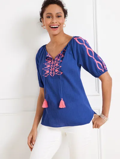 Talbots Petite - Crinkle Gauze Embroidered Top - Blueberry Hill - Medium - 100% Cotton