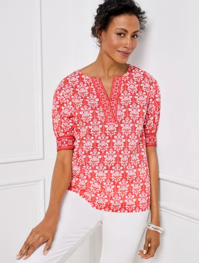 Talbots Petite - Damask Bouquet Popover Shirt - Lovely Coral/white - Medium - 100% Cotton  In Lovely Coral,white