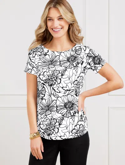 Talbots Plus Size - Effortless Jersey Bateau Neck T-shirt - Alluring Floral - White/black - 3x  In White,black