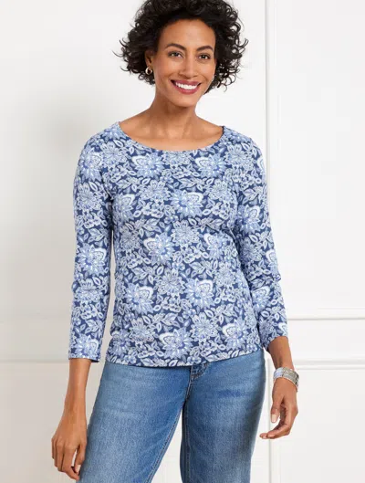 Talbots Plus Size - Effortless Jersey Bateau Neck T-shirt - Buoyant Blossoms - Navy Blue Dusy/ivory - 3x Tal