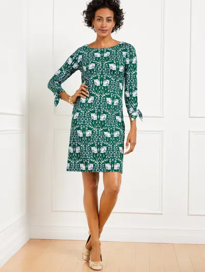 Talbots Plus Size - Effortless Jersey Bow Cuff Shift Dress - Intricate Flowers - Derry Green/ivory - 3x Talb In Derry Green,ivory