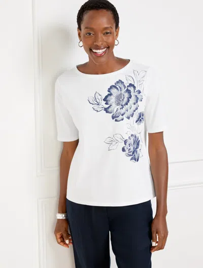 Talbots Plus Petite - Elbow Sleeve Bateau Neck T-shirt - Bold Floral - White - X