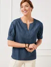 Talbots Plus Size - Elbow Sleeve Denim Popover Shirt - Indigo Rinse - 2x