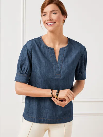 Talbots Plus Size - Elbow Sleeve Denim Popover Shirt - Indigo Rinse - 2x