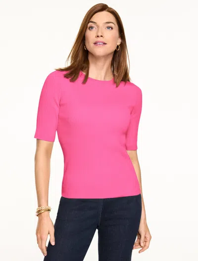 Talbots Plus Size - Elbow Sleeve Ribbed Crewneck Sweater - Bright Pink - 3x