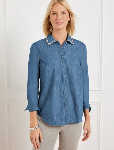 Talbots Plus Size - Embellished Collar Denim Button Front Shirt - Regal Blue Wash - 1x