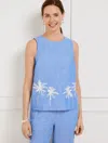 Talbots Plus Size - Embellished Palms Linen Cotton Shell Sweater - Majesty Blue/white - 3x  In Majesty Blue,white