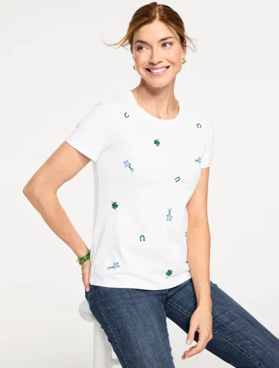 Talbots Plus Size - Embroidered Crewneck T-shirt - Tossed Clover - White - 3x - 100% Cotton