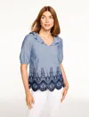 Talbots Plus Size - Embroidered Lace Top - Deep Chambray - X - 100% Cotton