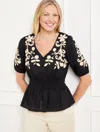 Talbots Plus Size - Embroidered Sleeve Linen Cotton Top - Black - 3x