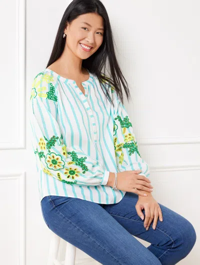 Talbots Plus Size - Embroidered Top - Park Stripe - White/vivid Turquoise - X  In Multi
