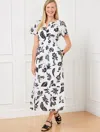 Talbots Plus Size - Flutter Sleeve Dress - Silhouette Palms - White/black - 22 - 100% Cotton