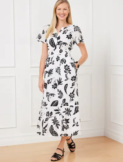 Talbots Plus Size - Flutter Sleeve Dress - Silhouette Palms - White/black - 22 - 100% Cotton