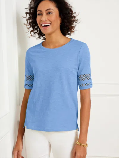 Talbots Misses - Lace Trim Crewneck T-shirt - Blue Wave - Medium - 100% Cotton