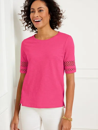 Talbots Misses - Lace Trim Crewneck T-shirt - Tropical Punch - Large - 100% Cotton