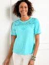 Talbots Plus Size - Lace Trim Crewneck T-shirt - Vivid Turquoise - 3x - 100% Cotton