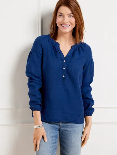 Talbots Plus Size - Lantern Sleeve Linen Top - Delave - Deep Blue/white - 3x  In Deep Blue,white
