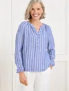 Talbots Plus Petite - Lantern Sleeve Linen Top - Petal Stripe - Lakeside Blue/white - X  In Lakeside Blue,white