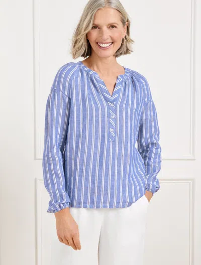 Talbots Plus Petite - Lantern Sleeve Linen Top - Petal Stripe - Lakeside Blue/white - X  In Lakeside Blue,white
