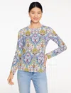 Talbots Plus Size - Long Sleeve Crewneck T-shirt - Botanical Medallion - Ivory/blue Crystal - 1x  In Multi