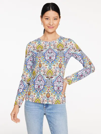 Talbots Plus Size - Long Sleeve Crewneck T-shirt - Botanical Medallion - Ivory/blue Crystal - 1x  In Multi
