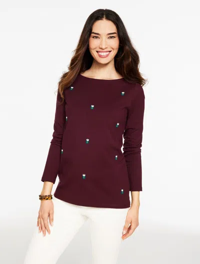 Talbots Plus Size - Long Sleeve Crewneck T-shirt - Owl - Rich Burgundy - 1x - 100% Cotton