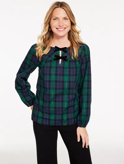 Talbots Plus Size - Metallic Bow Top - Merriment Tartan - Green - 1x
