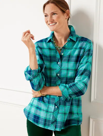 Talbots Metallic Flannel Modern Classic Shirt - Frost Bloom Plaid - Blue Opal - 2x