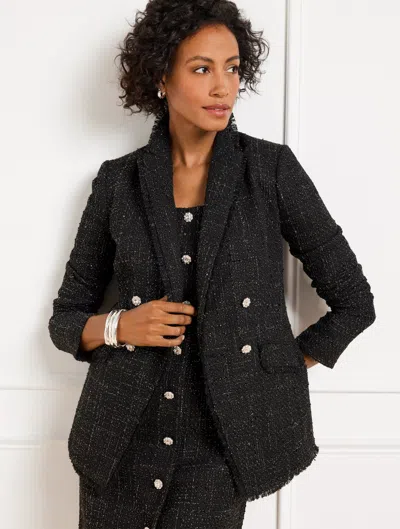 Talbots Plus Size - Metallic Fringe Tweed Double Breasted Blazer - Black/silver - 20  In Black,silver