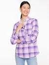 Talbots Plus Size - Metallic Ruffle Popover Shirt - Serene Plaid - Purple Rose - 3x  In Purple