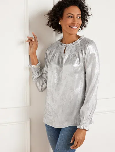 Talbots Plus Size - Metallic Smocked Top - Silver - 2x