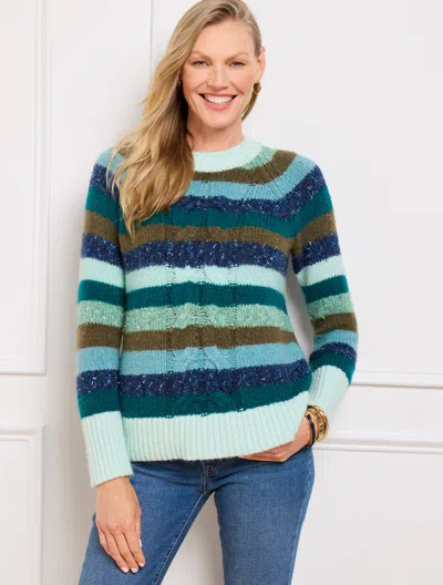 Talbots Plus Size - Mixed Cable Knit Crewneck Sweater - Stripe - Light Jade Heather - 2x