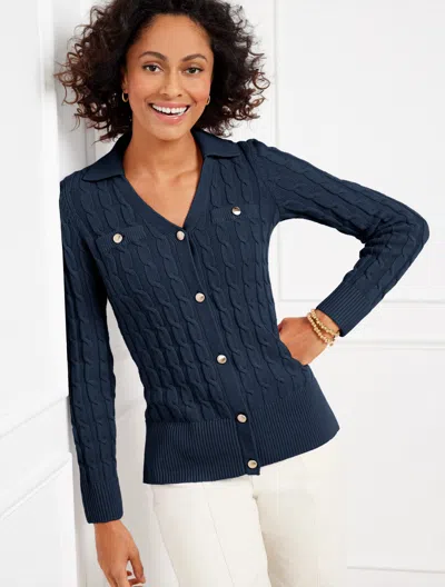 Talbots Plus Size - Mixed Cable Knit Polo Cardigan Sweater - Blue - 1x