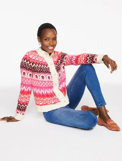 Talbots Plus Size - Mockneck Cardigan Sweater - Modern Fair Isle - Ivory/stunning Pink - 1x  In Multi