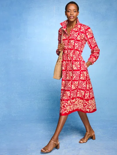 Talbots Plus Size - Modern Poplin Shirtdress - Jacobean Border - Red/island Sand - 24 - 100% Cotton  In Multi