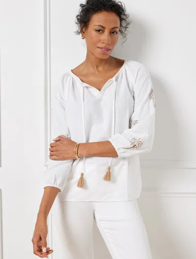 Talbots Palm Embellished Linen Cotton Popover Shirt - White - 3x