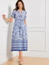 TALBOTS PLUS SIZE - PUFF SLEEVE FIT & FLARE DRESS - WOODBLOCK FLORAL - WHITE/BLUEBERRY HILL - 20 - 100% COTT