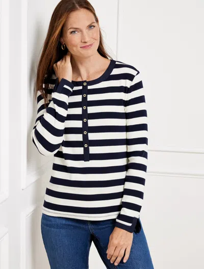 Talbots Misses - Ribbed Henley T-shirt - Stripe - Indigo/ivory - Xs  In Indigo,ivory