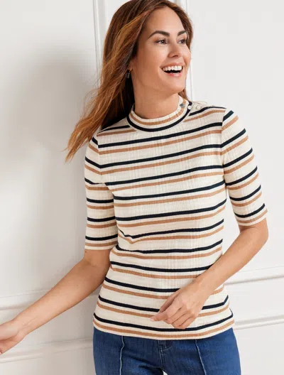 Talbots Ribbed Mockneck T-shirt - Terrace Stripe - Vanilla Cream Heather - 3x