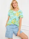 Talbots Plus Size - Roll Cuff Boxy Crewneck T-shirt - Dynamic Floral - Blue - 3x