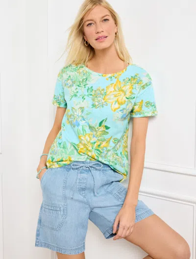 Talbots Plus Size - Roll Cuff Boxy Crewneck T-shirt - Dynamic Floral - Blue - 3x