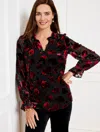 Talbots Misses - Rose Burnout Velvet Ruffle Top - Black/red - Xl  In Black,red