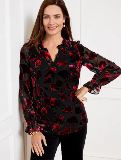 Talbots Misses - Rose Burnout Velvet Ruffle Top - Black/red - Xl  In Black,red