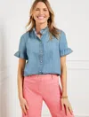 Talbots Plus Petite - Ruffle Button Front Denim Top - Azure Sea Wash - X - 100% Cotton  In Azure Sea Wash